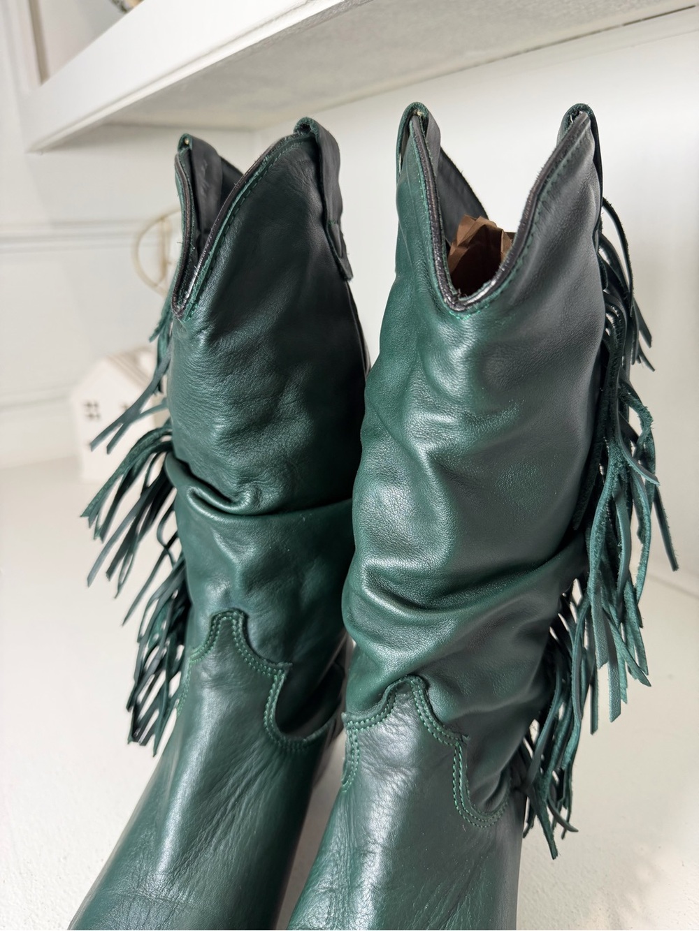 Vintage Dingo Womens 6.5M Forest Green Leather Fringe Cowboy Boots Tall Western - Picture 3 of 9